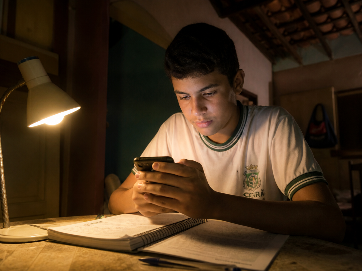 Estudante da rede pública estudando pelo celular à noite, em casa