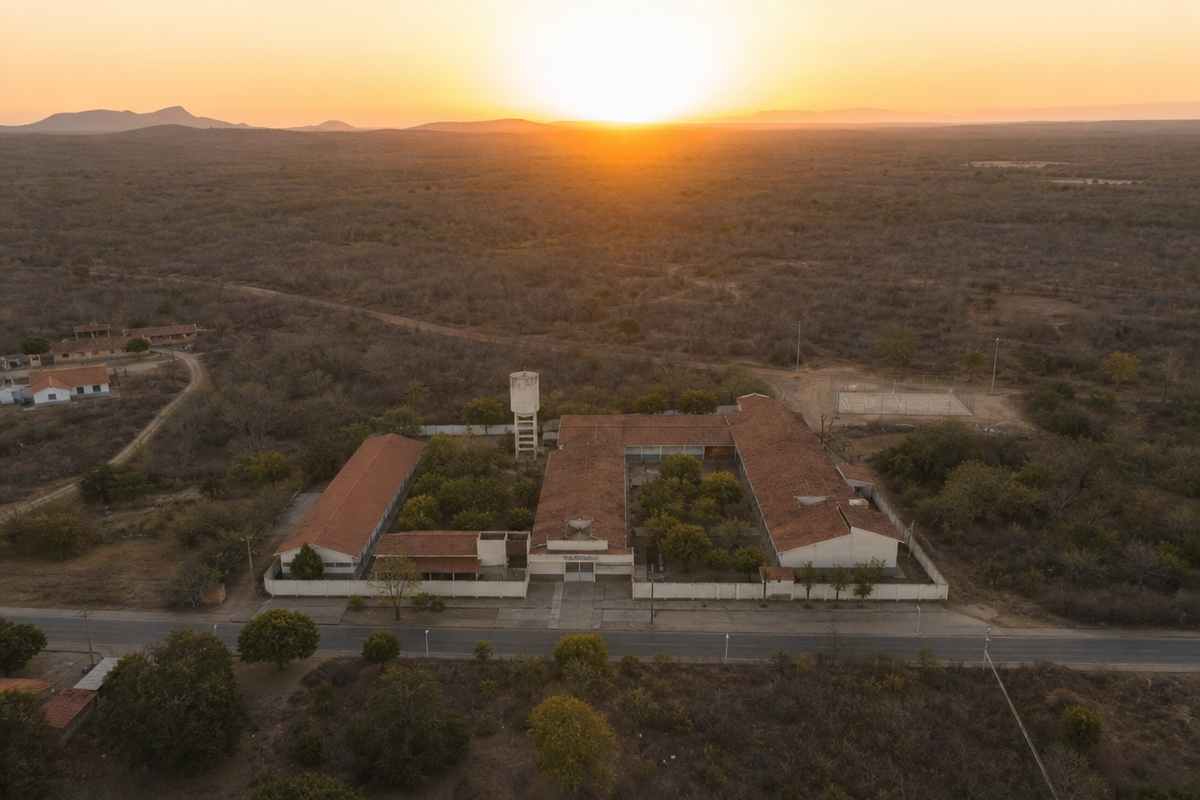 Vista aérea de escola pública estadual no interior do Ceará ao amanhecer