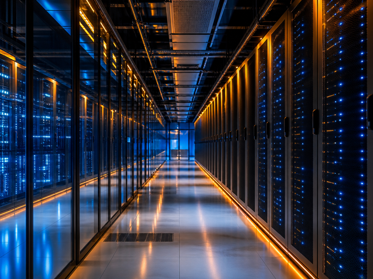 Corredor de data center com racks de servidores — infraestrutura estadual da ETICE